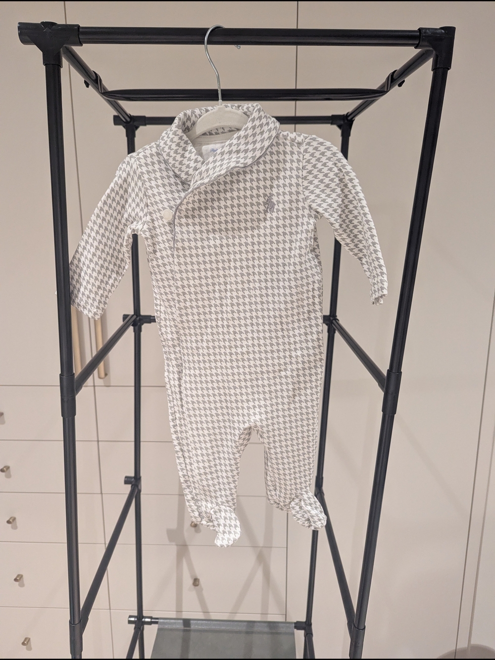 Ralph Lauren Houndstooth Footed One-Piece Romper - Gray & White Cotton